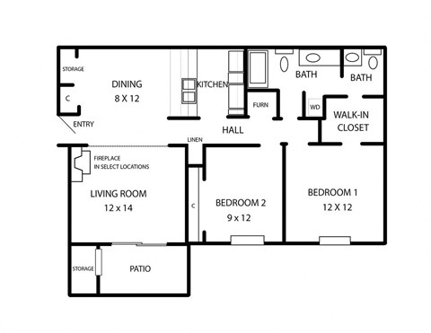 Floor plan for 2 beds, 1.5 baths, 988 sqft